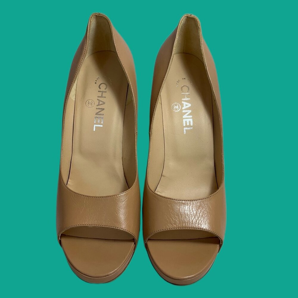 Chanel Tan Leather Peep-Toe Heels With Cork Block Heel
